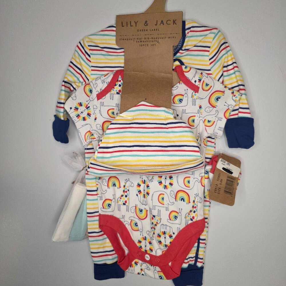 Lily & Jack Green Label 10 Piece Set Baby 0-3M Sleepsuit Hat Bib Bodysuit NWT